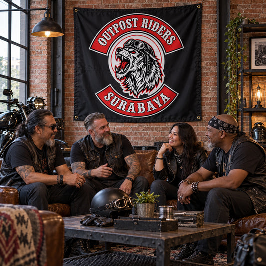 Motorcycle club riders gather beneath a custom Outpost Riders square flag in an industrial clubhouse.