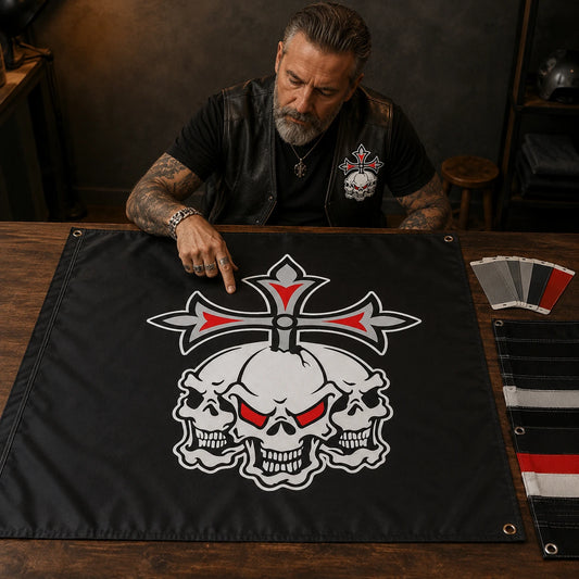 A motorcycle club road captain checks logo fidelity on a custom square flag at a design table.