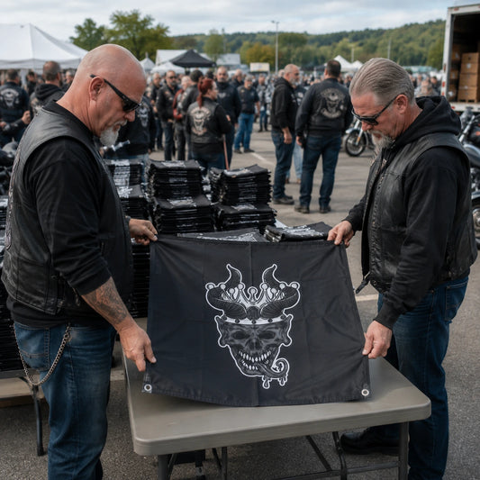 Motorcycle club organizers check a custom square flag beside bulk event quantities at a rally.