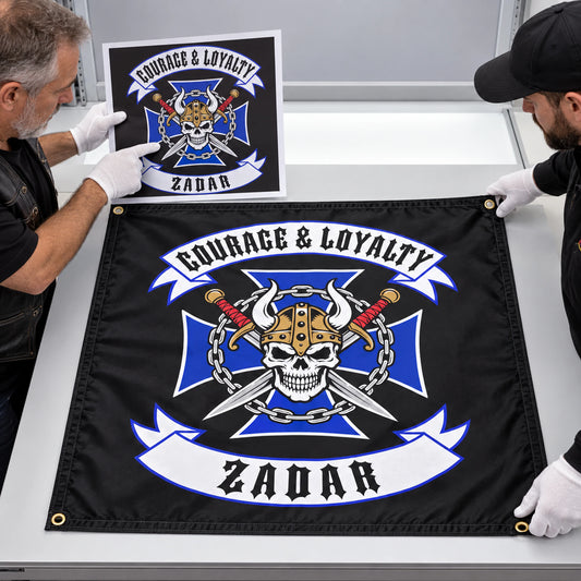 Inspectors compare a color proof with a finished Courage and Loyalty square club flag.