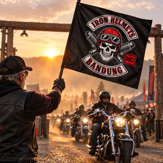 A road marshal raises a custom Iron Helmets square flag as V-twin riders enter a sunrise rally.