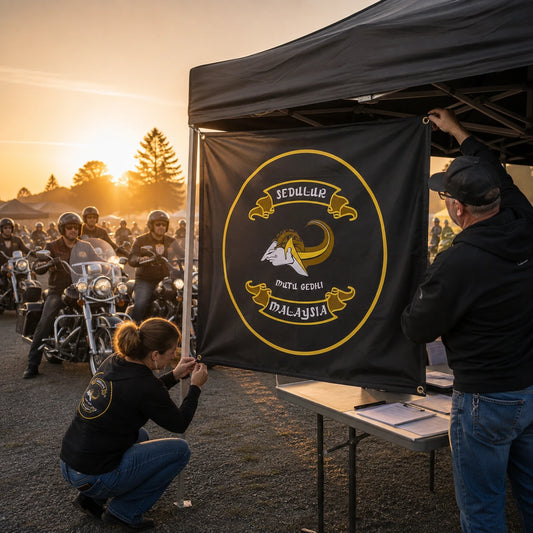 Volunteers secure a custom motorcycle club square flag as V-twin riders arrive for a charity ride.
