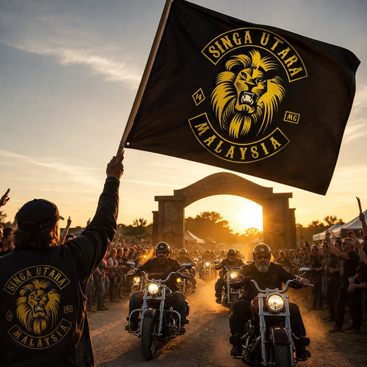 A rally marshal raises a custom motorcycle club square flag as V-twin riders enter at sunset.