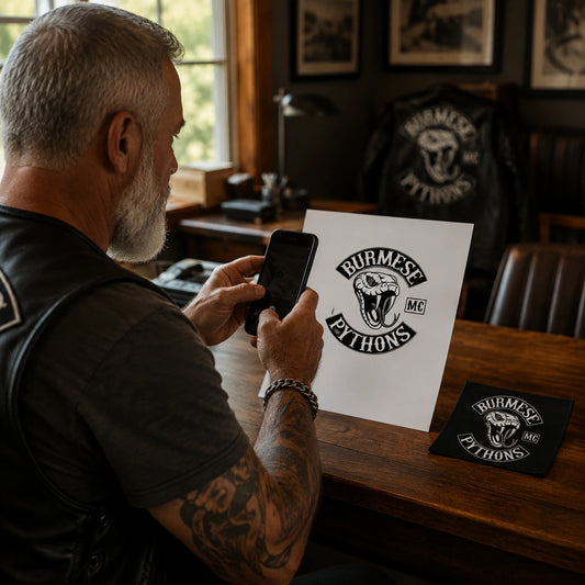 A mature motorcycle club rider photographs approved artwork beside a custom square flag sample.