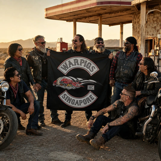 Mature American V-twin riders holding a custom square motorcycle club flag at a desert roadside stop.