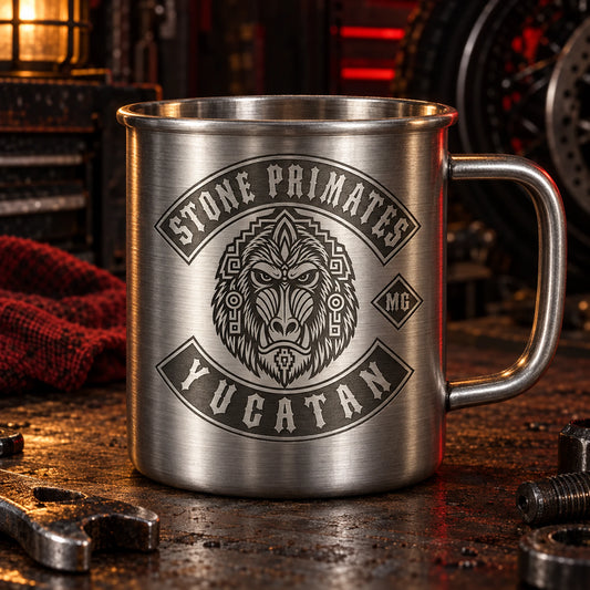 Brushed stainless camp mug with rolled rim displaying an authorized logo for a custom motorcycle club metal mug project.