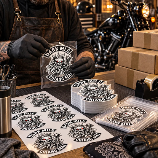 Packing operator organizing finished motorcycle club sticker sheets into cartons for worldwide shipping.