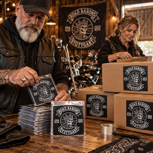 Club officers comparing small chapter sticker packs with bulk motorcycle rally boxes at an event staging area.
