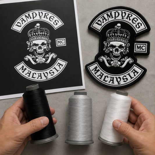 Embroidery thread colors matched to an approved motorcycle club logo.