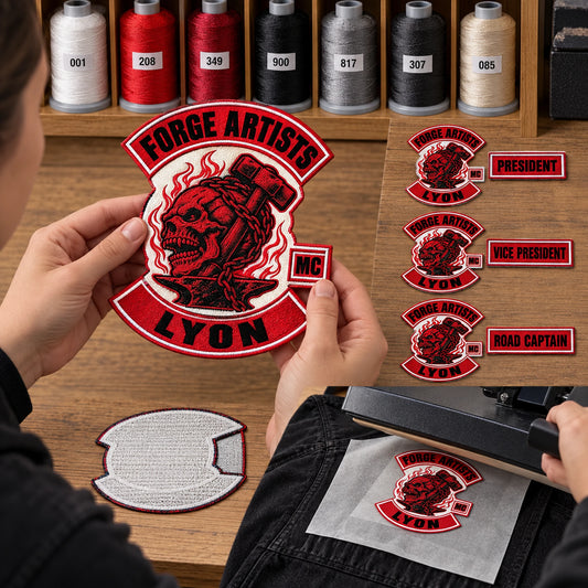 Numbered thread references beside finished patch for a motorcycle club, shown at thread archive cabinet.