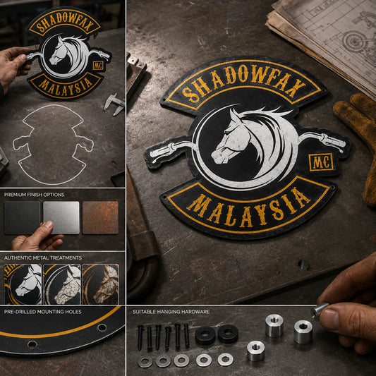 Motorcycle club custom tin sign options including logo shape finish and personalized chapter details.