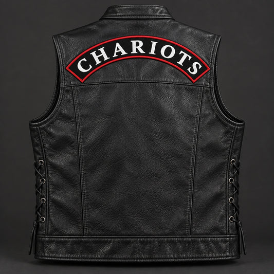 Motorcycle club product: Complete black leather motorcycle vest with a custom top rocker patch and plain center panel.