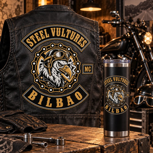 Motorcycle club back-patch visual system coordinated with a tumbler.