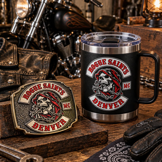 Motorcycle club belt buckle and tumbler sharing a coordinated finish.