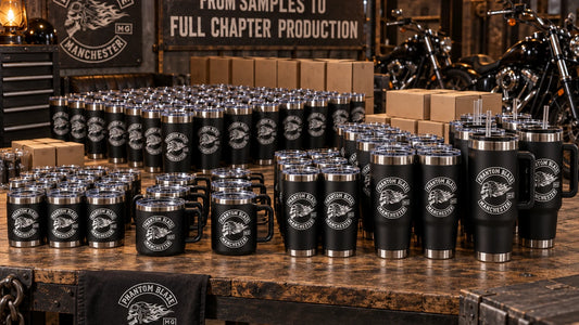 Bulk motorcycle club tumbler production organized by members, chapters and events.
