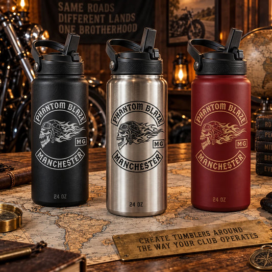 Motorcycle club chapter tumblers organized for different regions.