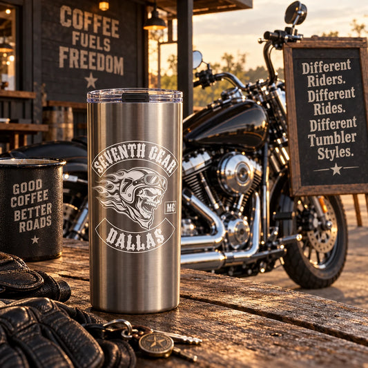 Classic stainless motorcycle club travel tumbler for everyday rides.