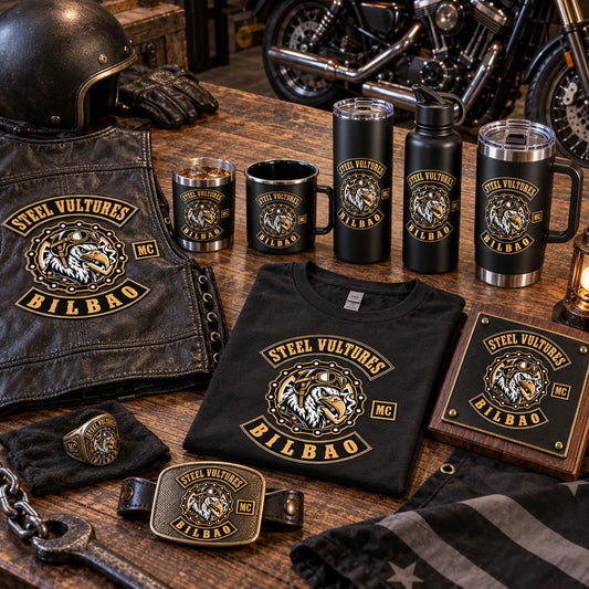 Complete motorcycle club merchandise system centered on a custom tumbler.