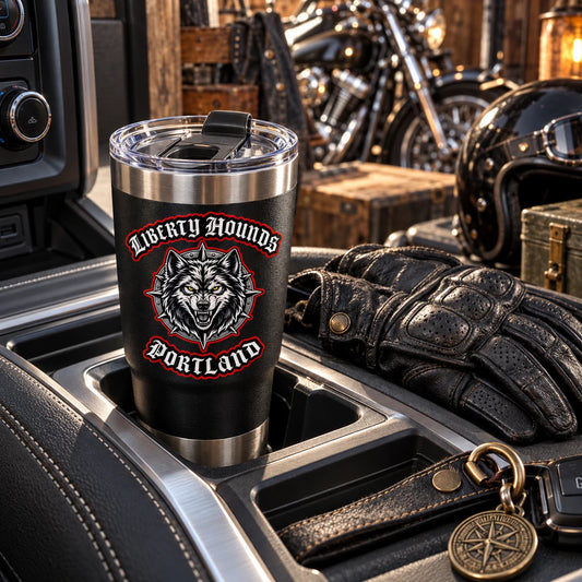 Cup-holder-friendly motorcycle club travel tumbler with tapered base.