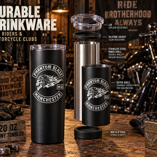 Double-wall insulated motorcycle club tumbler construction.