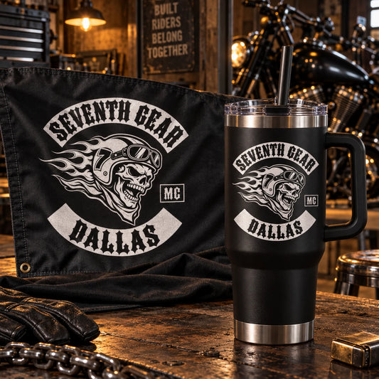 Motorcycle club flag and tumbler arranged as chapter merchandise.