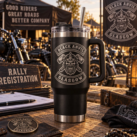 Handle-and-straw motorcycle club tumbler for rally weekends.