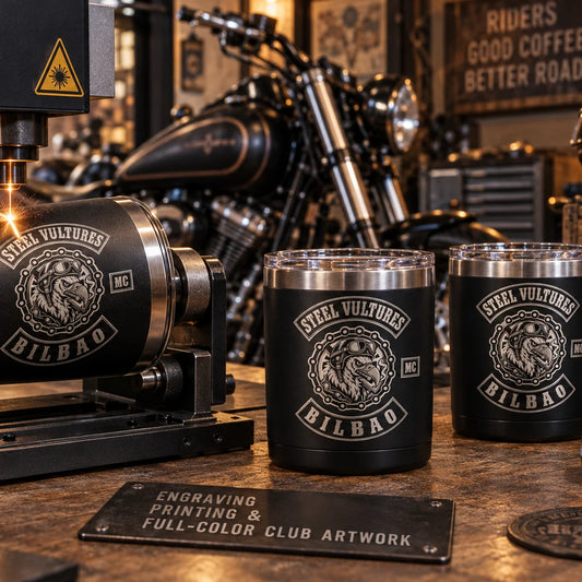 Laser engraving process on a black motorcycle club tumbler.
