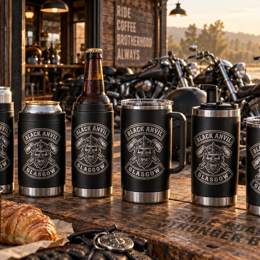 Coordinated motorcycle club member tumblers displayed before a ride.