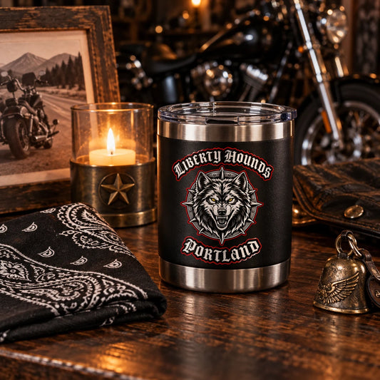 Memorial motorcycle club tumbler displayed respectfully in a clubhouse.