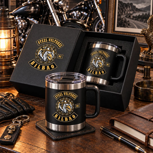 Premium motorcycle club officer tumblers prepared as personalized gifts.
