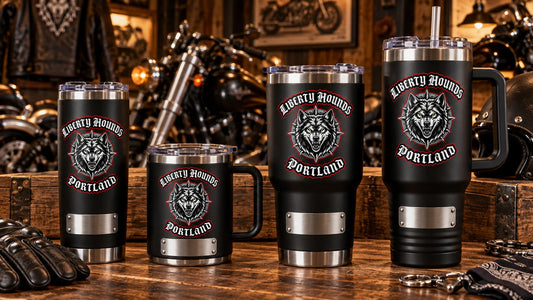 Personalized motorcycle club tumblers arranged for members, officers and chapters.