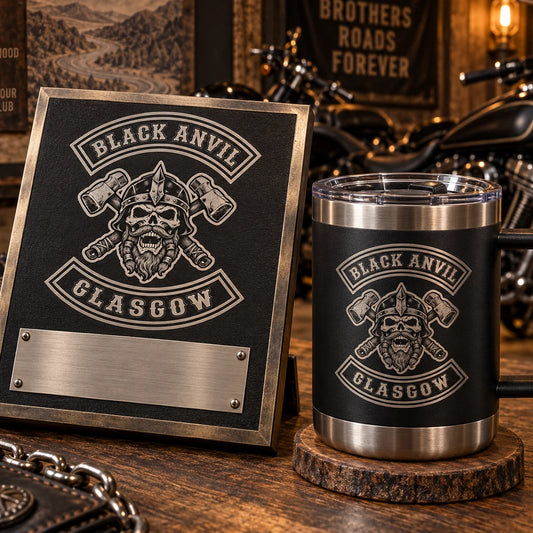 Motorcycle club commemorative plaque coordinated with an anniversary tumbler.