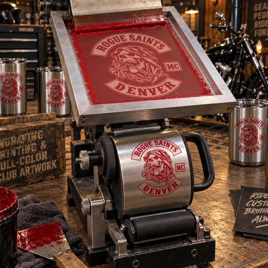 Screen printing process for a motorcycle club tumbler order.