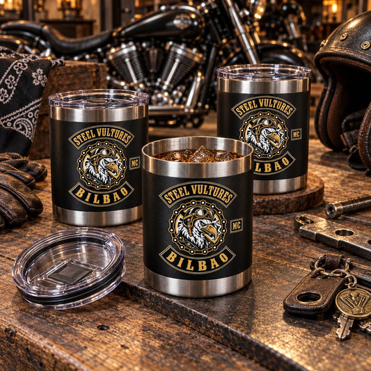 Stainless steel motorcycle club tumbler construction shown in detail.
