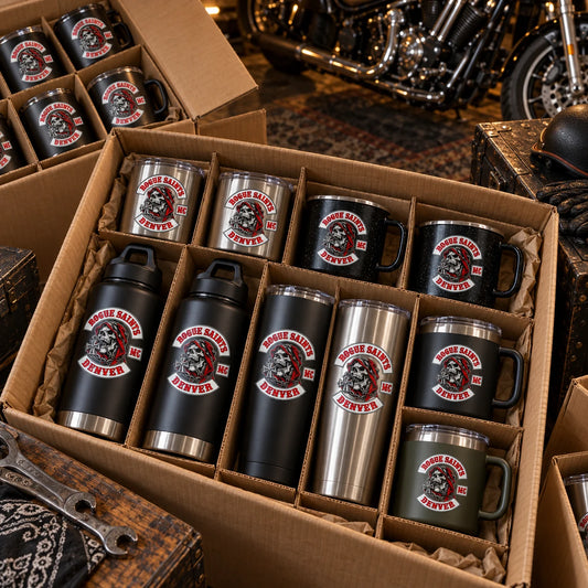 Step six: motorcycle club tumblers packed for worldwide shipping.