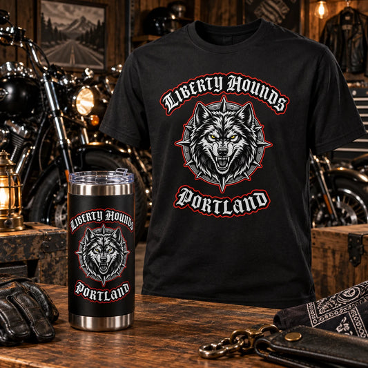 Motorcycle club event shirt and tumbler sharing one visual system.