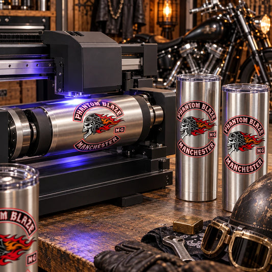 Full-color digital printing process for a motorcycle club tumbler.
