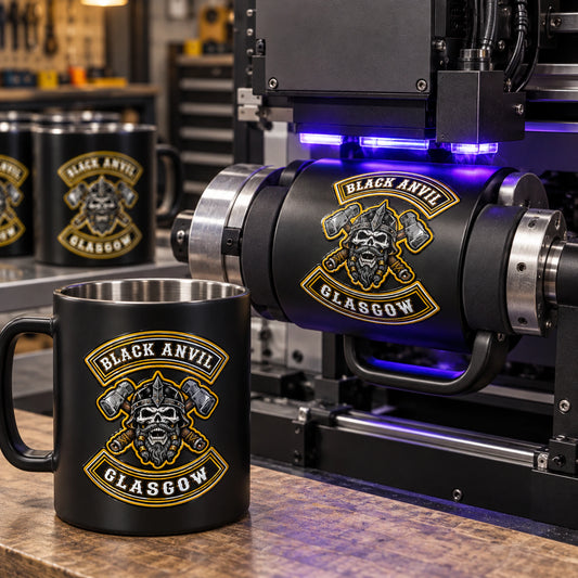 UV printing setup on compatible metal mug displaying an authorized logo for a custom motorcycle club metal mug project.