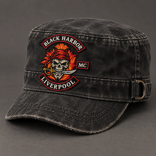 Vintage washed black military cadet cap with an authorized embroidered club patch.