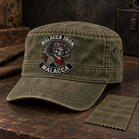Olive washed cotton cadet cap displayed with a matching fabric swatch for a motorcycle club.