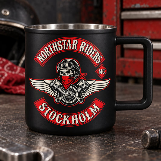 Gloved-hand-clearance style broad handle, product only no hands displaying an authorized logo for a custom motorcycle club metal mug project.