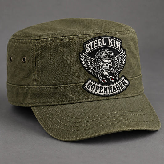 Olive military cadet cap with a fine woven authorized club patch.