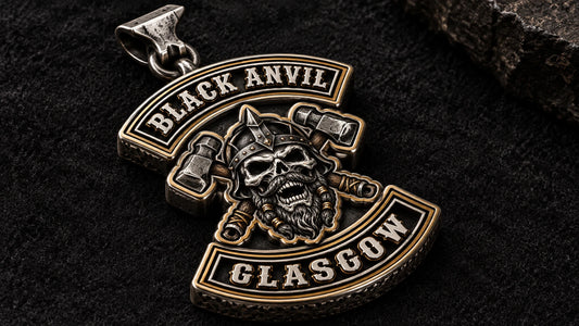 Black Anvil motorcycle club zinc alloy pendant showing connected artwork, lettering and deep relief detail.