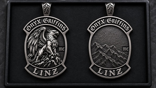 Front and back views of an Onyx Griffins motorcycle club zinc alloy pendant with reverse detail area.