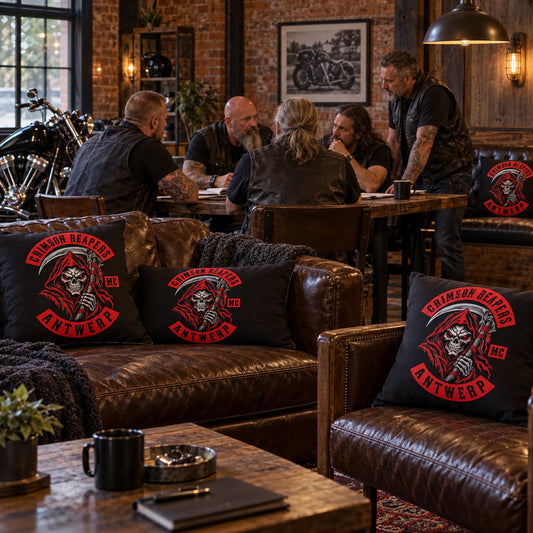 Motorcycle club members use coordinated custom cushions in their clubhouse lounge.