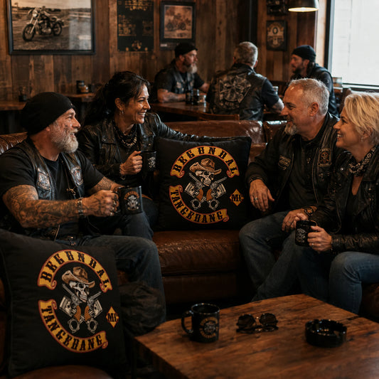 Motorcycle club members use coordinated custom cushions in their clubhouse lounge.
