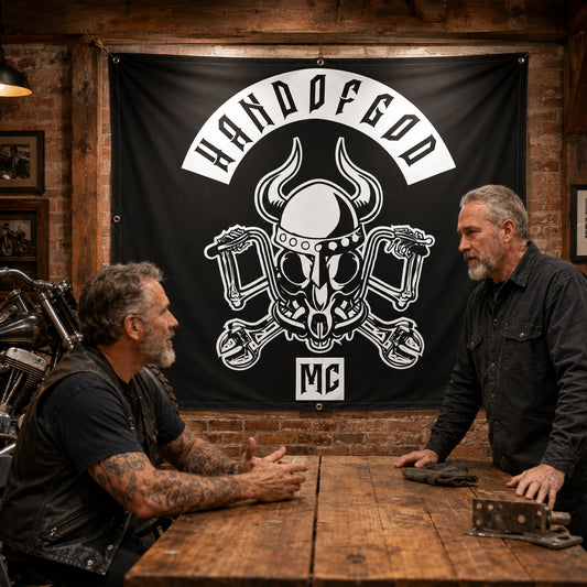 A permanent custom club banner displayed inside a motorcycle clubhouse meeting room.