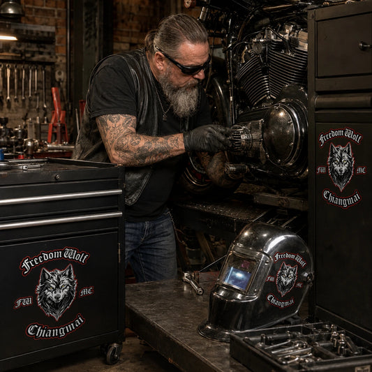Club mechanic working in a warm clubhouse garage with custom club stickers on the toolbox and equipment cabinet.