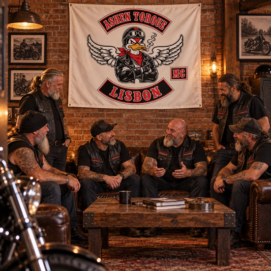 Motorcycle club members gather beneath a custom hanging flag in a warm brick clubhouse lounge.