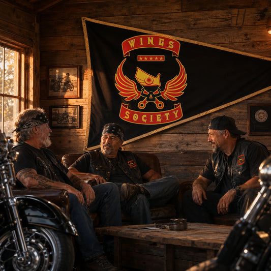 Three riders relax beneath a signature custom triangle flag on their motorcycle clubhouse wall.